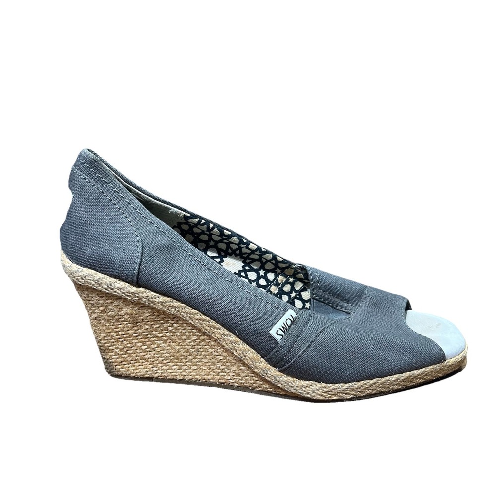 Toms Calypso Espadrille Platform Wedge Brown Canvas Peep Toe Shoes Pumps Size 9